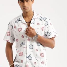 SHOWOFF Milky White Cotton Regular Fit Printed Shirt-image-54