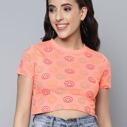 SASSAFRAS Women Peach-Coloured & Red Conversational Printed Pure Cotton T-shirt-3