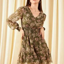 Marie Claire Olive Green Floral Print A-Line Dress-image-78