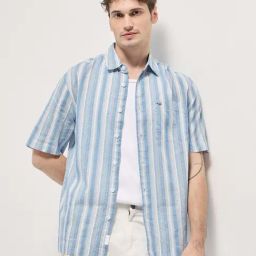 The Bear House Blue Cotton Relaxed Stripes Casual Shirt-image-22