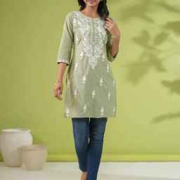 Janasya Green Cotton Embroidered Straight Kurti-picture-14