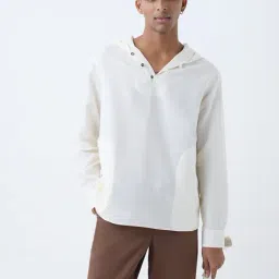ETA by Westside Off-White Solid Relaxed-Fit Cotton-Blend Hooded Shirt-picture-4