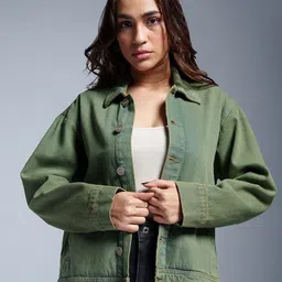 FREAKINS Women Washed Denim Jacket with Patchwork-image-62