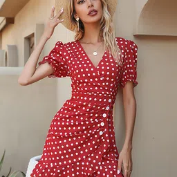 DressBerry Polka Dot Print Puff Sleeve Sheath Dress-image-23