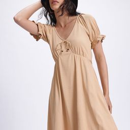 glitchez Ribbed Royalty Tie-Up Detail Puff Sleeves Fit & Flare Dress-image-69