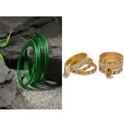 1ST TIME Set Of 18 Green Alloy Artificial Stones & Beads Bangles-picture-49