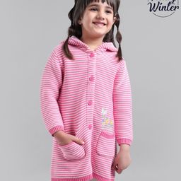 Babyoye Cotton Full Sleeves Hooded Sweater with Stripes and Floral Embroidery - Pink-image-32