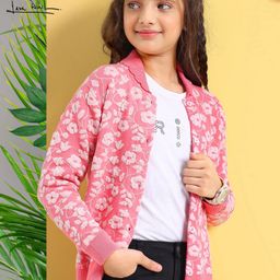Arias Consciously Sourced Cotton Floral Jacquard Front Button Open Sweater with Buttons -Pink & White-image-14