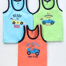 Simply Cotton Sinker Sleeveless Vests Car Print Pack of 3 - Green Orange & Blue-image-85