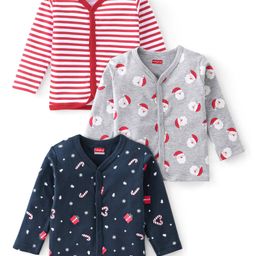 Babyhug 100% Cotton Full Sleeves Vests Striped & Christmas Theme Print Pack Of 3 - Grey Red & Blue-image-81