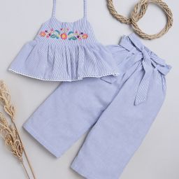 Knitting Doodles Premium Cotton Sleeveless Railroad Striped & Floral Embroidered Crop Top With Coordinating Paper Bag Pant - Blue-image-16