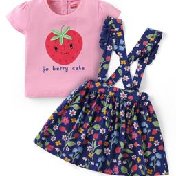 Babyhug Cotton Knit Half Sleeves Top & Floral Printed Skirt Set With Strawberry Applique - Pink & Blue-image-50