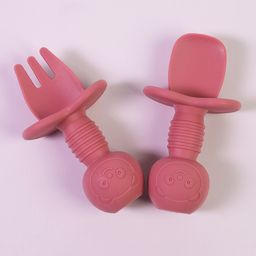 Silicone Fork & Spoon Set With Bear Handle - Wine Red-24