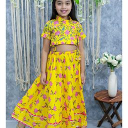 BownBee Pure Cotton Half Sleeves Floral Printed Lehenga Choli - Yellow-image-44