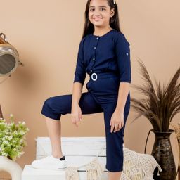 Kids Cave Crepe Three Fourth Sleeves Solid  Jumpsuit - Blue-image-72