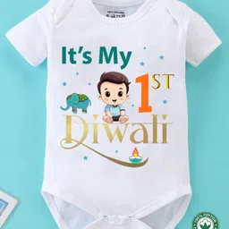BLUSHES Diwali Theme 100% Cotton Half Sleeves Its My 1st Diwali Text Printed Onesie - White-picture-22