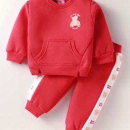 Little Kangaroos Fleece Knit Winter Wear Full Sleeves Bear PrintedT-Shirt with Kangroo Pockets & Joggers Set - Red-image-79