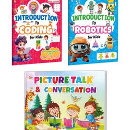 Introduction To Coding, Robotics and Picture Talk and Conversation book for kids : Early learning book, Brain boosting activity book for ages 3-12 ages | Pack of 3 activity books-0