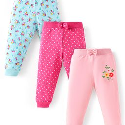 Babyhug Single Jersey Knit Full Length Lounge Pants with Bow Polka Dots & Floral Prints Pack of 3 - Light Pink Light Blue & Dark Pink-image-95