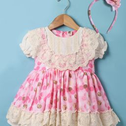 ToffyHouse Woven Half Sleeves Party Dress With Floral Lace Detailing & Hairband - Pink & White-image-51