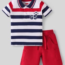 Babyhug Single Jersey Knit Half Sleeves Striped Polo T-Shirt & Shorts Set With Football Patch - Multicolor & Red-image-41