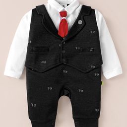 Mini Taurus Interlock Full Sleeves Party Rompers with Waistcoat and Tie Applique - Black-image-83