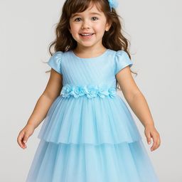Babyhug Woven Cap Sleeves Layered Mesh Party Dress with Floral Ornamentation - Light Blue-image-78