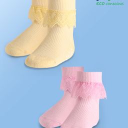 Babyoye Cotton Bamboo Knit Socks with Organza Lace Pack of 2 - Yellow & Pink-image-75