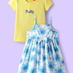 Babyhug 100% Cotton Half Sleeves Inner Tee With Floral Printed & Bow Applique Frock - Light Blue & Yellow-image-52