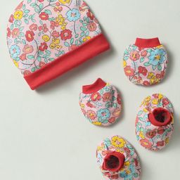 Ben Benny 100% Cotton Knit Cap Mitten & Booties Set With Floral Print Red - Diameter 10 cm-image-90