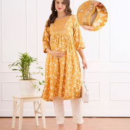 Bella Mama Viscose Woven Three Fourth Sleeves Maternity Kurta with Embroidered Yoke & Sequin Detailing - Mustard-image-94