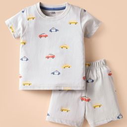 Pink Rabbit Single Jersey Knit Half Sleeves Shorts Co-ords Night Suit With Vehicle Print - Grey-picture-30