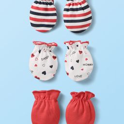 Babyhug 100% Cotton Knit Mittens with Heart Print & Stripes Pack of 3 - Red & White-16