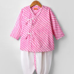 Exclusive from Jaipur Cotton Woven Full Sleeves Kurta Dhoti Set With Leheriya Design - Pink & White-image-59