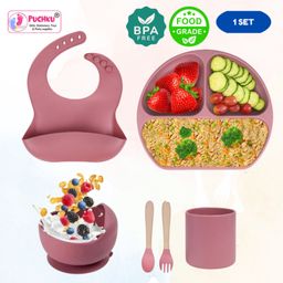 Puchku Premium 6 Pcs Silicone Baby Feeding Set, BPA Free & Microwave Safe Dinner Tableware Kit - Feeding Bowl, Suction Plate, Cup, Spoon, Fork & Bib for Kids ( Pack of 1, Dusky Pink)-image-77