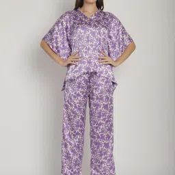 Blissence Women Satin Floral Printed Kaftan Night suit-image-32