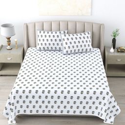 Wayne Martin Off White & Blue Floral 300 TC Pure Cotton King Bedsheet With 2 Pillow Covers-image-99