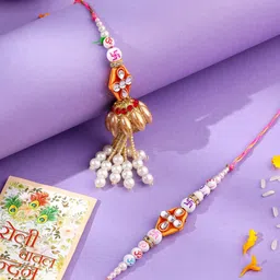 Sangria Artificial Stones & Pearls Bhaiya Bhabhi Rakhi with Roli Chawal-40