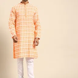 Anouk Men Orange Floral Printed Regular Pure Cotton Kurta with Churidar-picture-1