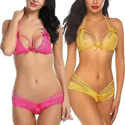 AROUSY Pink & Yellow Self Pattern Lingerie Set-image-73
