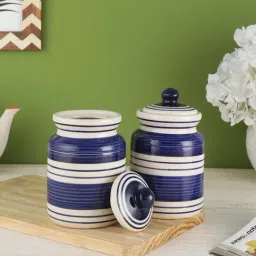 VarEesha Indigo Blue Ceramic Storage Jars with Lid (600 ml) - Set of 2-25