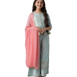 Aurelia Kids Blue & Pink Printed Short Kurta, Palazzos with Dupatta-image-33