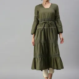 SHOWOFF Olive Calf Length Anarkali Kurta-image-2
