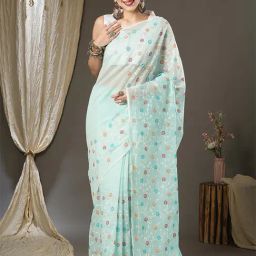 Saree Mall Blue Cotton Embroidered Saree With Unstitched Blouse-image-91