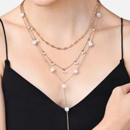 Zaveri Pearls Gold Tone Contemporary 3 Layers Lariat Pearls Necklace & Stud Earring Set-ZPFK17696-13