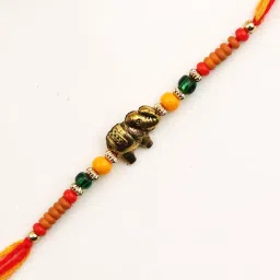 Aapno Rajasthan Cute Little Golden Ganesha Multi Beaded Single Rakhi image 4