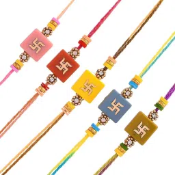 Aapno Rajasthan Multicolor Gold Swastik Set of 5 Rakhi image 4
