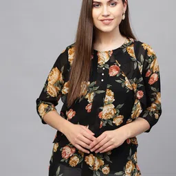 Shree Black & Mustard Yellow Ruffled Floral Print Tunic-image-36