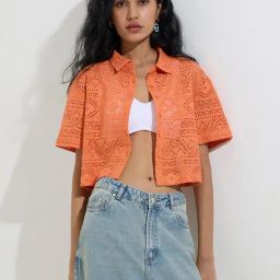 Nuon by Westside Orange Crochet-Lace Cotton-Blend Shirt-image-6