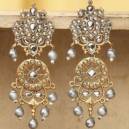 OOMPH Kundan Studded And Beaded Contemporary Shaped Drop Earrings-1